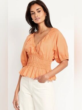 Old Navy Orange Puff Sleeve Smocked Blouse | Peplum V-Neck Boho Top Medium